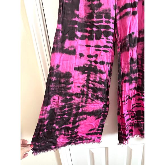 BRAND BAZAR Silky Pink Tie-Dye Raw Hem Wide Leg Flowy Pants Boho Festival Artsy - Picture 3 of 8